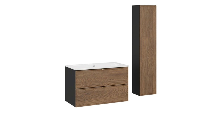 Ensemble de salle de bain SAVIA avec meuble sous vasque 80cm, vasque encastrée blanche et colonne de rangement