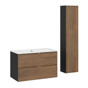 Ensemble de salle de bain SAVIA avec meuble sous vasque 80cm, vasque encastrée blanche et colonne de rangement