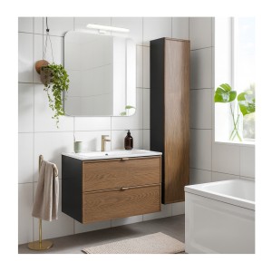 Ensemble de salle de bain SAVIA avec meuble sous vasque 80cm, vasque encastrée blanche et colonne de rangement mis en situation