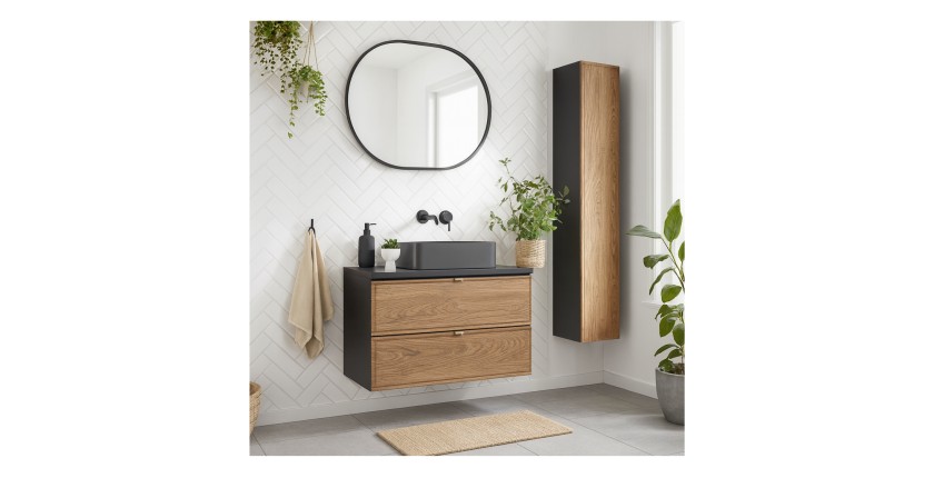Ensemble de salle de bain SAVIA avec meuble sous vasque, vasque à poser, miroir et rangements mis en situation