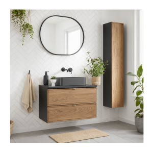 Ensemble de salle de bain SAVIA avec meuble sous vasque, vasque à poser, miroir et rangements mis en situation
