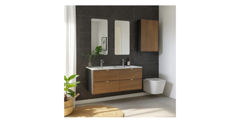 Ensemble complet de salle de bain SAVIA avec rangement, meubles sous vasque, double vasque encastrée et miroirs mis en situation