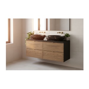 Ensemble SAVIA meubles sous vasque 120cm, plan vasque et vasque à poser noires effet marbre mis en situation