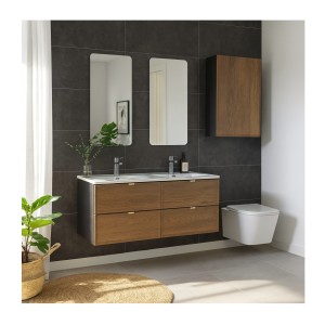 Ensemble de salle de bain SAVIA : meubles sous vasque 120cm + double vasque blanche à encastrer