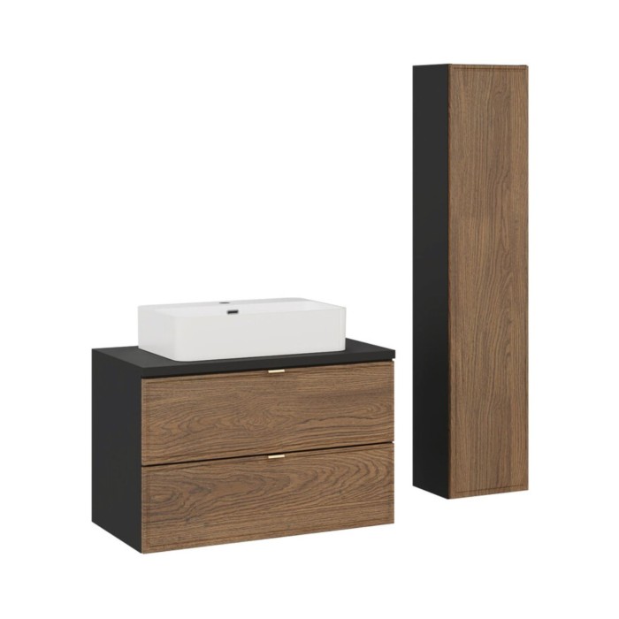 Ensemble meuble sous vasque, vasque à poser rectangulaire et colonne de rangement SAVIA