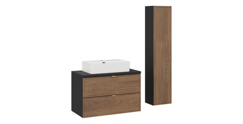 Ensemble meuble sous vasque, vasque à poser rectangulaire et colonne de rangement SAVIA