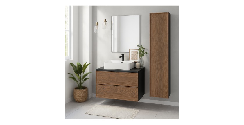 Ensemble meuble sous vasque, vasque à poser rectangulaire et colonne de rangement SAVIA mis en situation