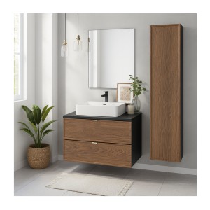 Ensemble meuble sous vasque, vasque à poser rectangulaire et colonne de rangement SAVIA mis en situation