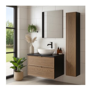 Ensemble meuble sous vasque, plan vasque et colonne de rangement SAVIA mis en situation