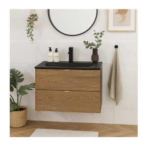 Ensemble meuble sous vasque et vasque à encastrer noire 80cm SAVIA mis en situation