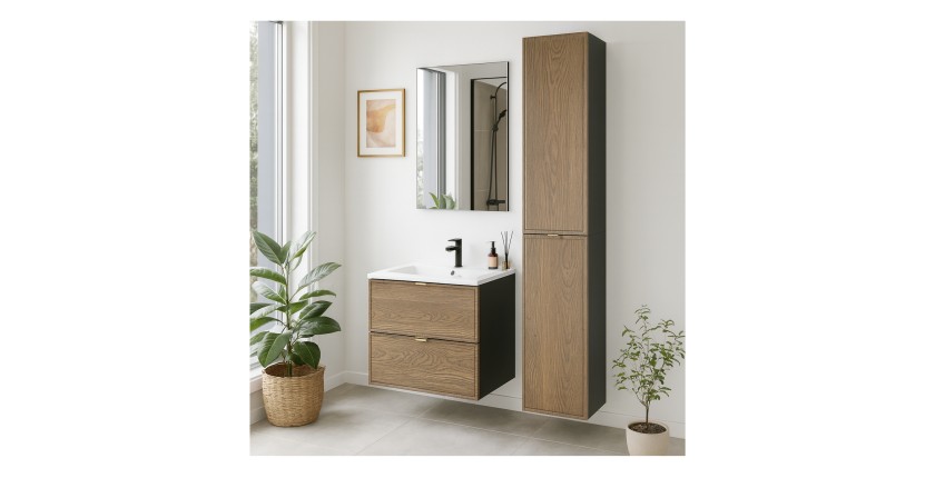 Ensemble meuble sous vasque, vasque encastrée et colonne de rangement SAVIA mis en situation