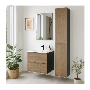 Ensemble meuble sous vasque, vasque encastrée et colonne de rangement SAVIA mis en situation