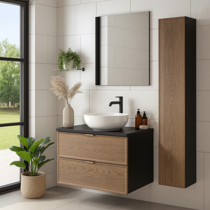 Ensemble meuble sous vasque 80cm, plan vasque et colonne de rangement SAVIA mis en situation
