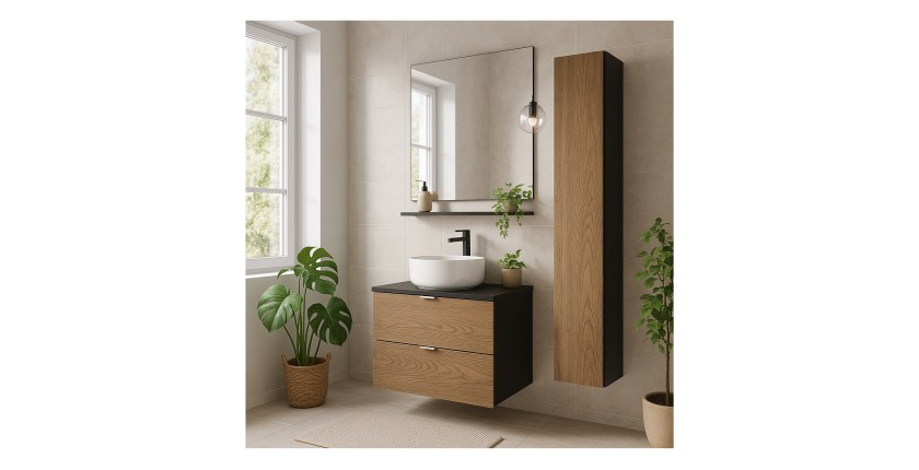 Ensemble meuble sous vasque, plan vasque, vasque à poser ronde et colonne de rangement SAVIA mis en situation