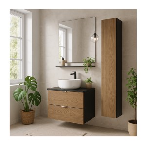 Ensemble meuble sous vasque, plan vasque, vasque à poser ronde et colonne de rangement SAVIA mis en situation