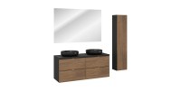 Ensemble de meubles de salle de bain SAVIA avec meubles sous vasque, vasque à poser noire, miroir et colonne de rangement