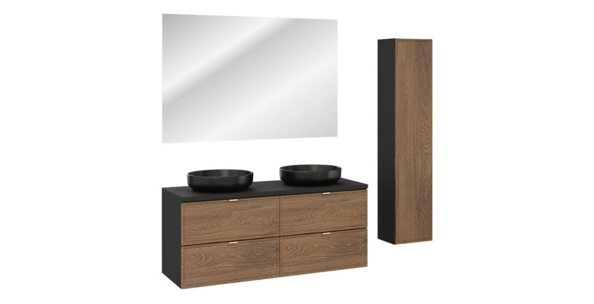 Ensemble de meubles de salle de bain SAVIA avec meubles sous vasque, vasque à poser noire, miroir et colonne de rangement
