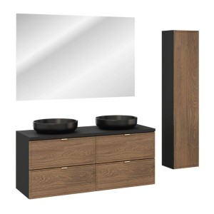 Ensemble de meubles de salle de bain SAVIA avec meubles sous vasque, vasque à poser noire, miroir et colonne de rangement