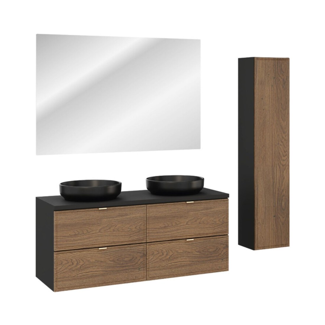 Ensemble de meubles de salle de bain SAVIA avec meubles sous vasque, vasque à poser noire, miroir et colonne de rangement