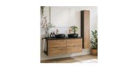 Ensemble SAVIA avec meubles sous vasque, vasque à poser noire, miroir et colonne de rangement en décor