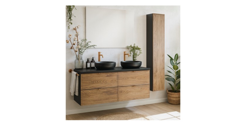 Ensemble SAVIA avec meubles sous vasque, vasque à poser noire, miroir et colonne de rangement en décor