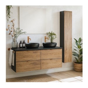 Ensemble SAVIA avec meubles sous vasque, vasque à poser noire, miroir et colonne de rangement en décor