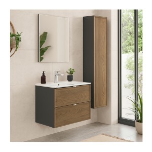 Ensemble meuble sous vasque 60cm, vasque encastrée blanche et colonne de rangement SAVIA mis en situation