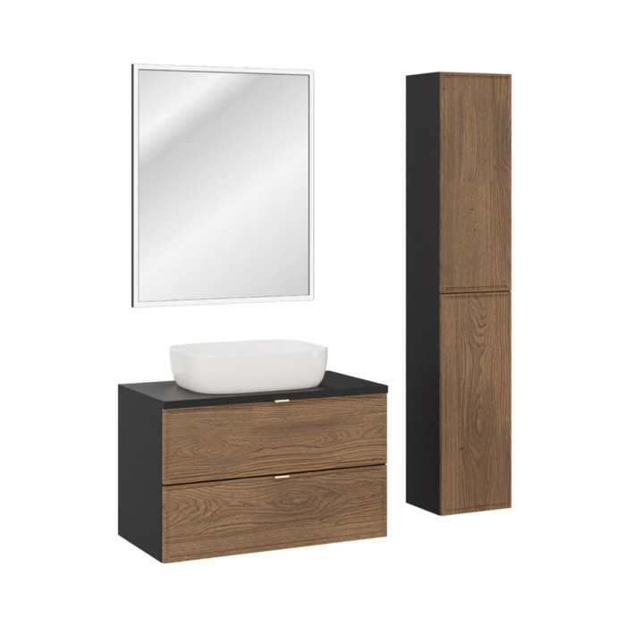 Ensemble meuble sous vasque 80cm, vasque à poser blanche, miroir et meubles de rangement SAVIA