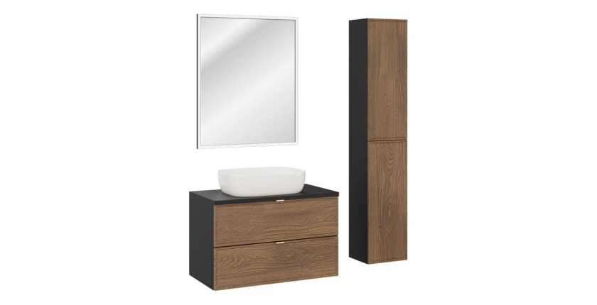 Ensemble meuble sous vasque 80cm, vasque à poser blanche, miroir et meubles de rangement SAVIA