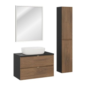 Ensemble meuble sous vasque 80cm, vasque à poser blanche, miroir et meubles de rangement SAVIA