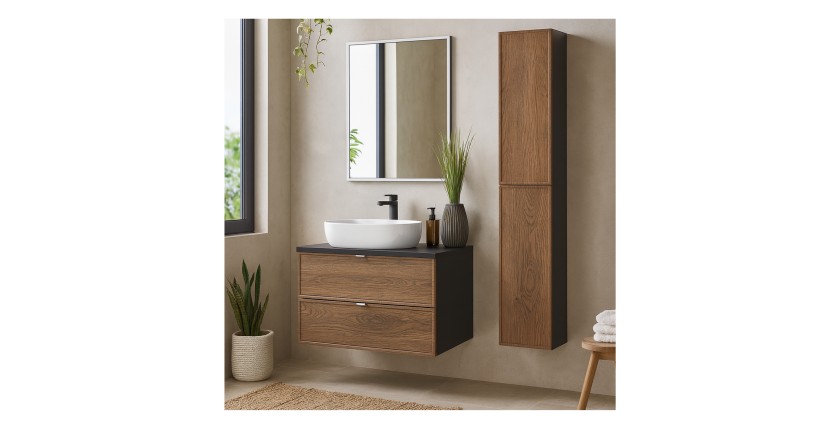 Ensemble meuble sous vasque 80cm, vasque à poser blanche, miroir et meubles de rangement SAVIA mis en situation