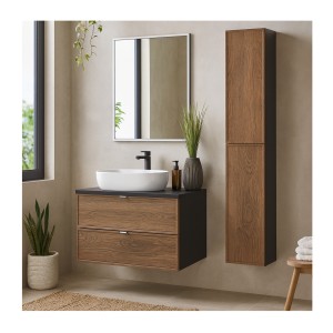 Ensemble meuble sous vasque 80cm, vasque à poser blanche, miroir et meubles de rangement SAVIA mis en situation