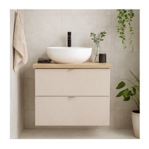 Ensemble de salle de bain AOKI : meuble sous vasque à tiroirs 60cm + plan vasque aspect bois