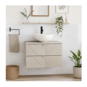 Ensemble meuble sous vasque 80cm, plan vasque et vasque à poser blanche ronde AOKI mis en situation