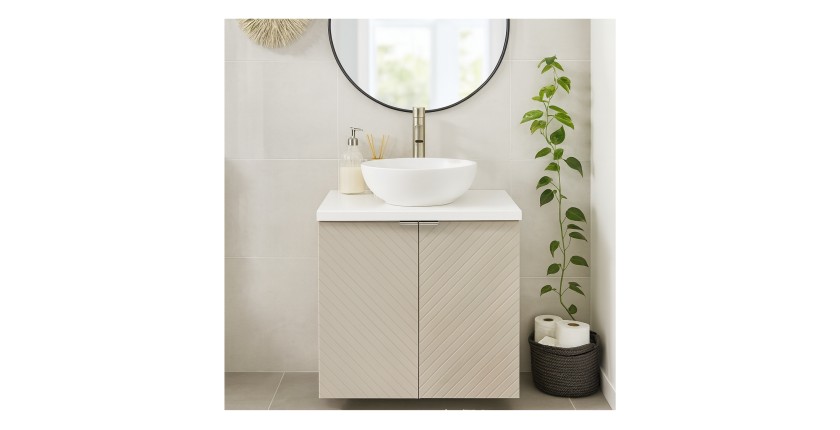 Meuble sous vasque à placard et plan vasque blanc AOKI mis en situation