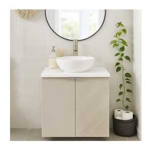 Meuble sous vasque à placard et plan vasque blanc AOKI mis en situation