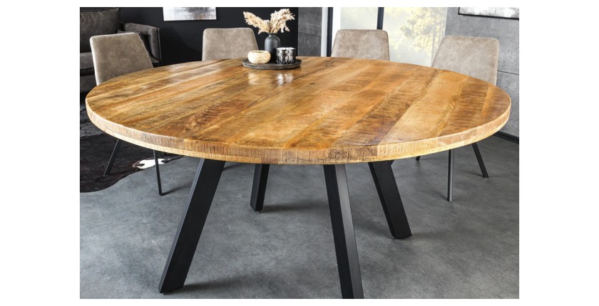 Table de salle à manger LODEN – Bois massif et métal – 140 cm – Ronde – Style industriel