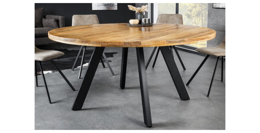 Table de salle à manger LODEN – Bois massif et métal – 140 cm – Ronde – Style industriel