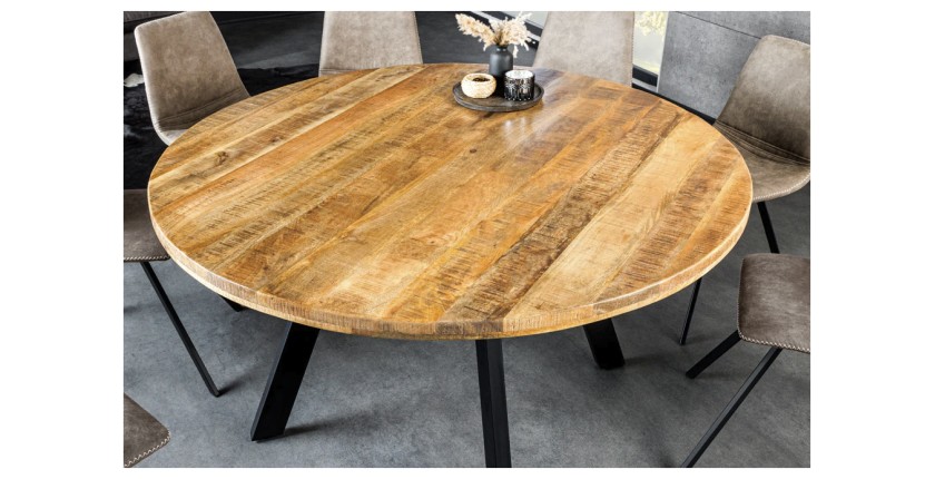 Table de salle à manger LODEN – Bois massif et métal – 140 cm – Ronde – Style industriel