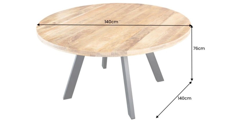 Table de salle à manger LODEN – Bois massif et métal – 140 cm – Ronde – Style industriel