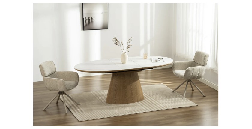 Table LUMEA – Céramique effet marbre blanc et bois – 160-200 cm – Extensible – Forme ovale