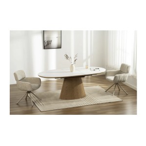 Table LUMEA – Céramique effet marbre blanc et bois – 160-200 cm – Extensible – Forme ovale