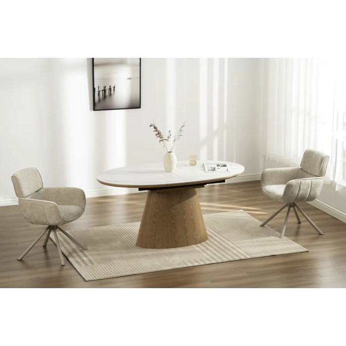 Table LUMEA – Effetto marmo bianco ceramico e legno – 160-200 cm – Estensibile – Forma ovale