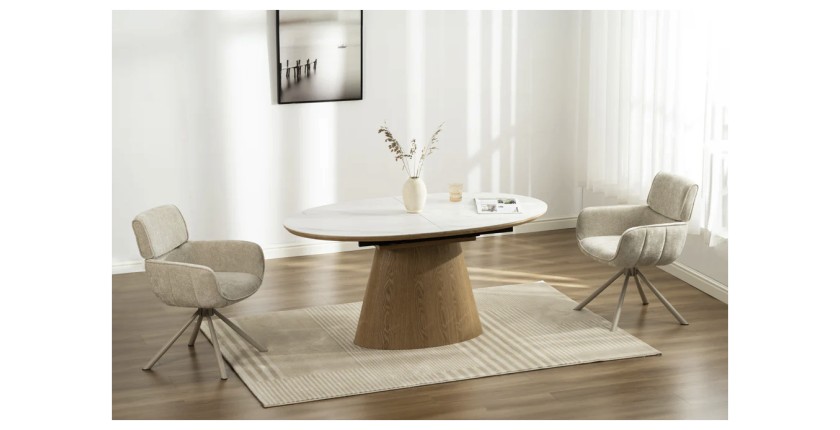 Table LUMEA – Céramique effet marbre blanc et bois – 160-200 cm – Extensible – Forme ovale