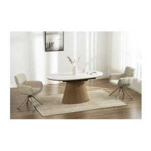 Table LUMEA – Céramique effet marbre blanc et bois – 160-200 cm – Extensible – Forme ovale