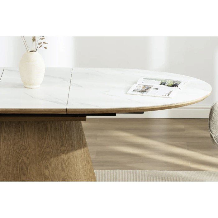 Table LUMEA – Effetto marmo bianco ceramico e legno – 160-200 cm – Estensibile – Forma ovale