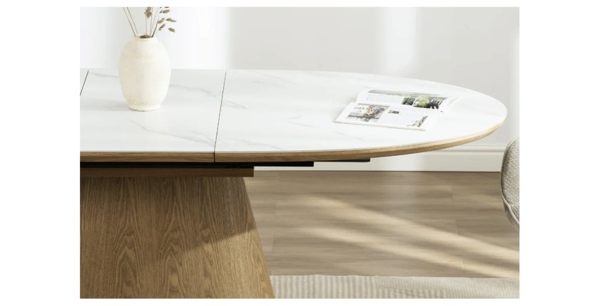 Table LUMEA – Céramique effet marbre blanc et bois – 160-200 cm – Extensible – Forme ovale