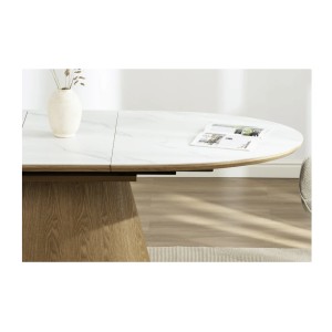 Table LUMEA – Céramique effet marbre blanc et bois – 160-200 cm – Extensible – Forme ovale