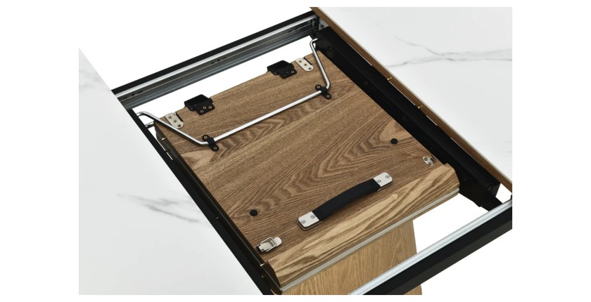 Table LUMEA – Céramique effet marbre blanc et bois – 160-200 cm – Extensible – Forme ovale