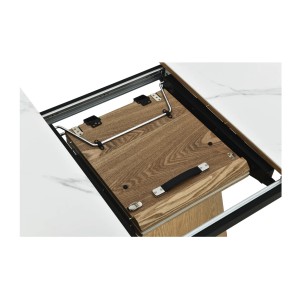 Table LUMEA – Céramique effet marbre blanc et bois – 160-200 cm – Extensible – Forme ovale